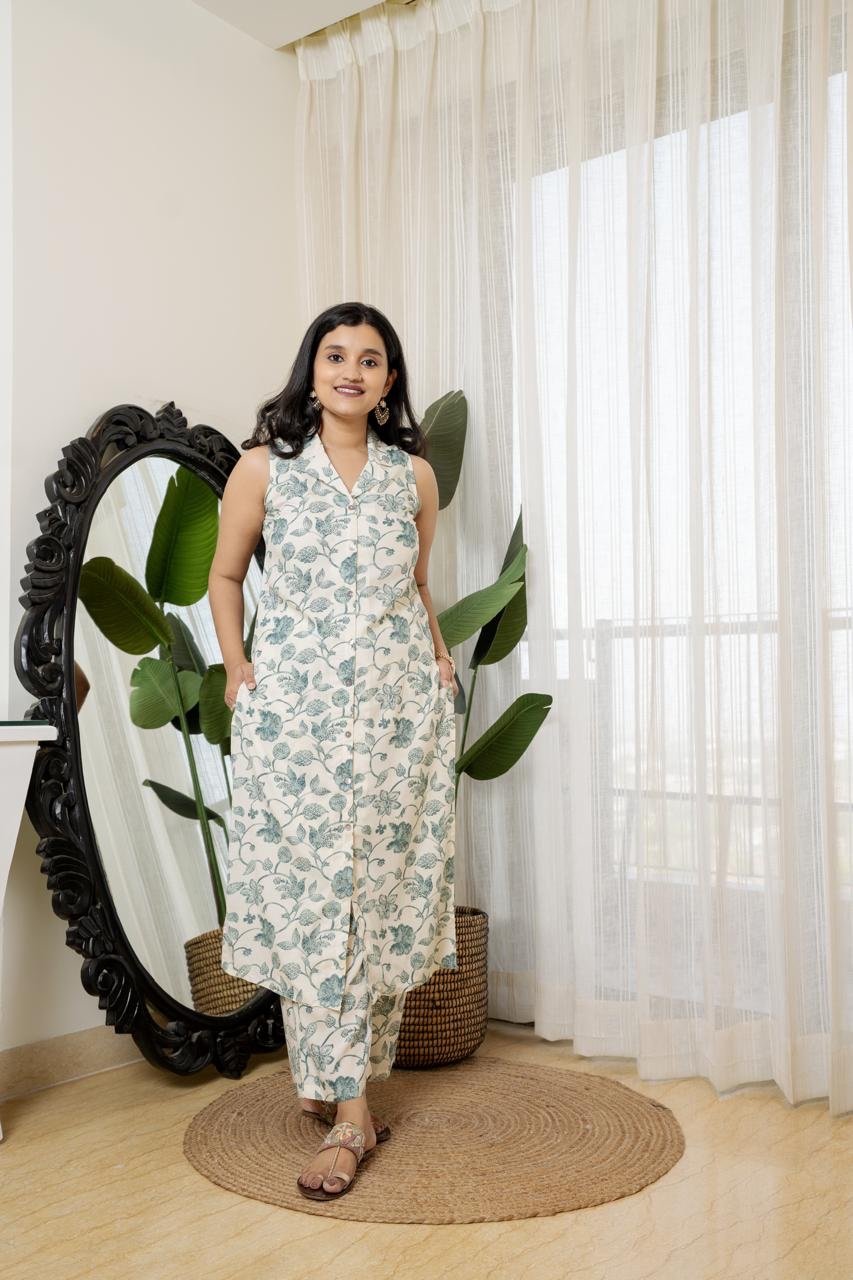 Sleeveless Coord Set- Off White Floral