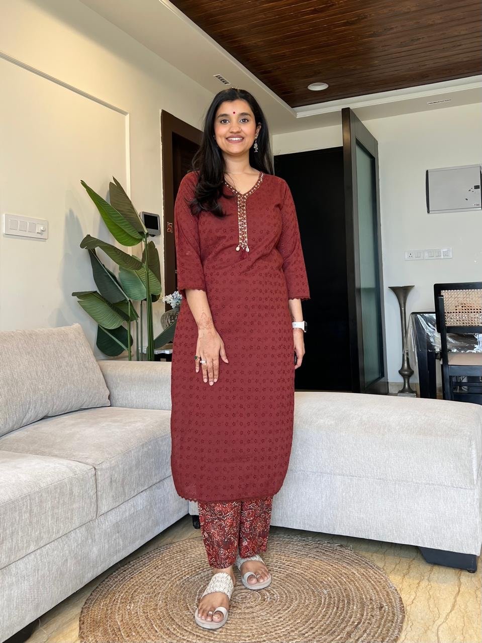 Manan Luxe Schiffli Cotton Set- Rust