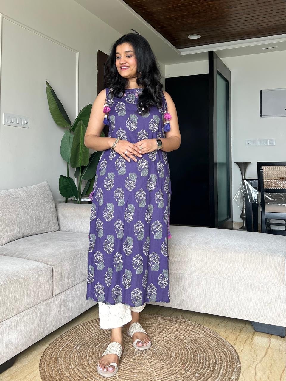 Roshni Sleeveless Cotton Tassel Kurta- Purple Boota