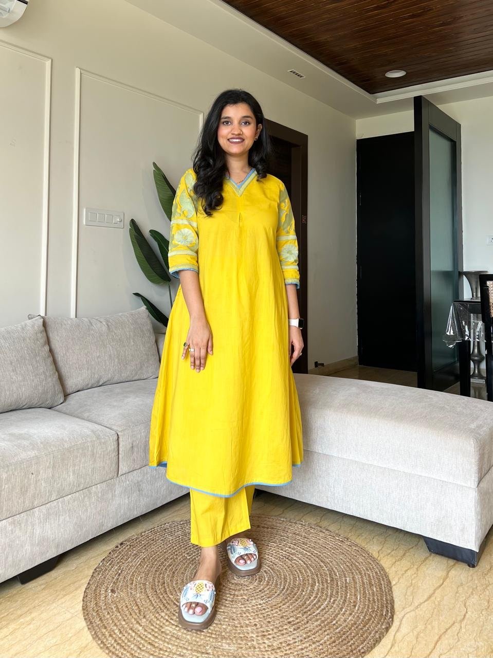 Krisha Embroidered Cotton Set- Yellow