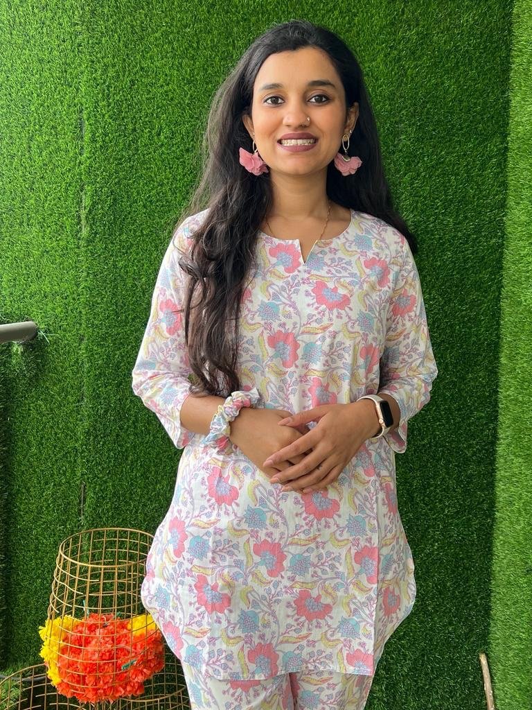 Cotton Lounge Set- White Neon Blue Big Floral