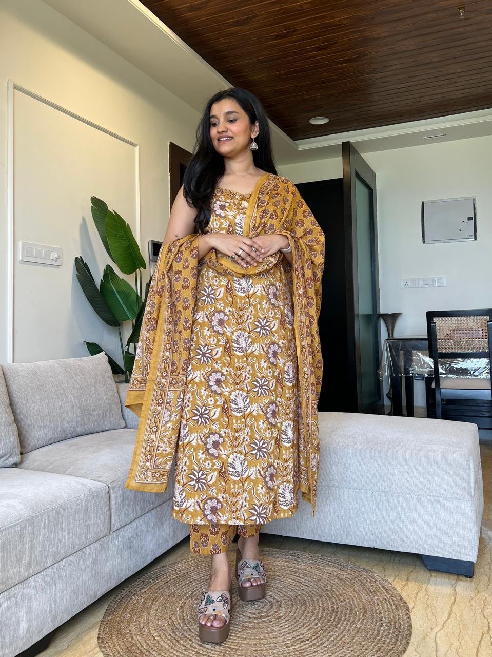 Sharna Block Print Cotton Suit- Mustard