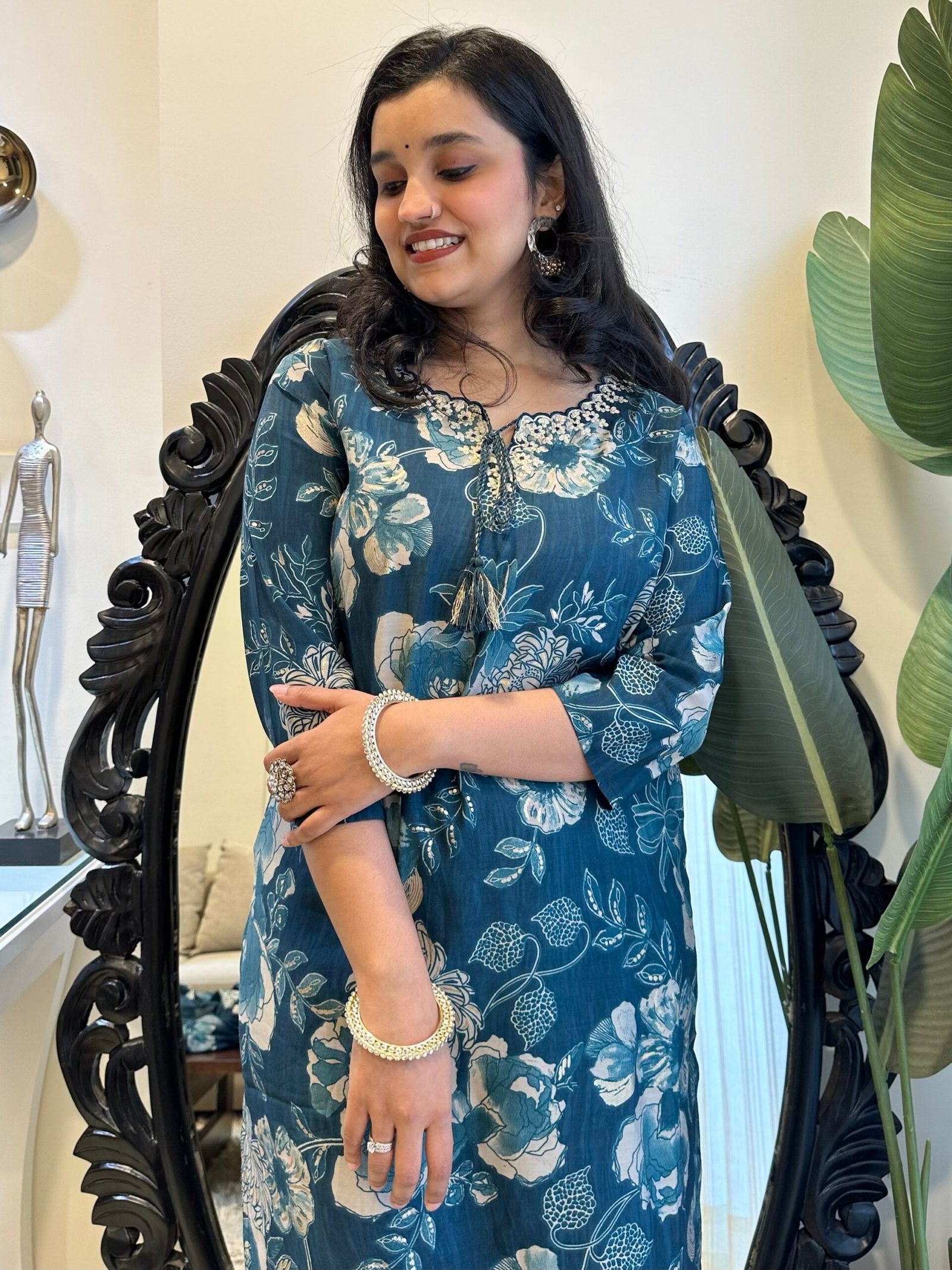 Blue Cutwork Floral Muslin Set