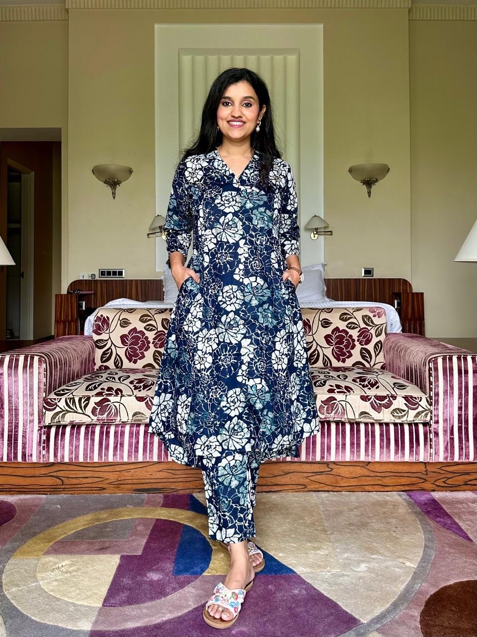 High Low Cotton Coord Set- Dark Blue Florals