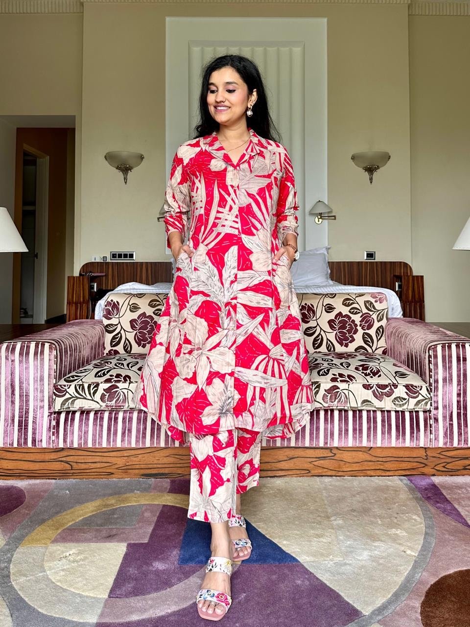 High Low Cotton Coord Set- Bright Leaves