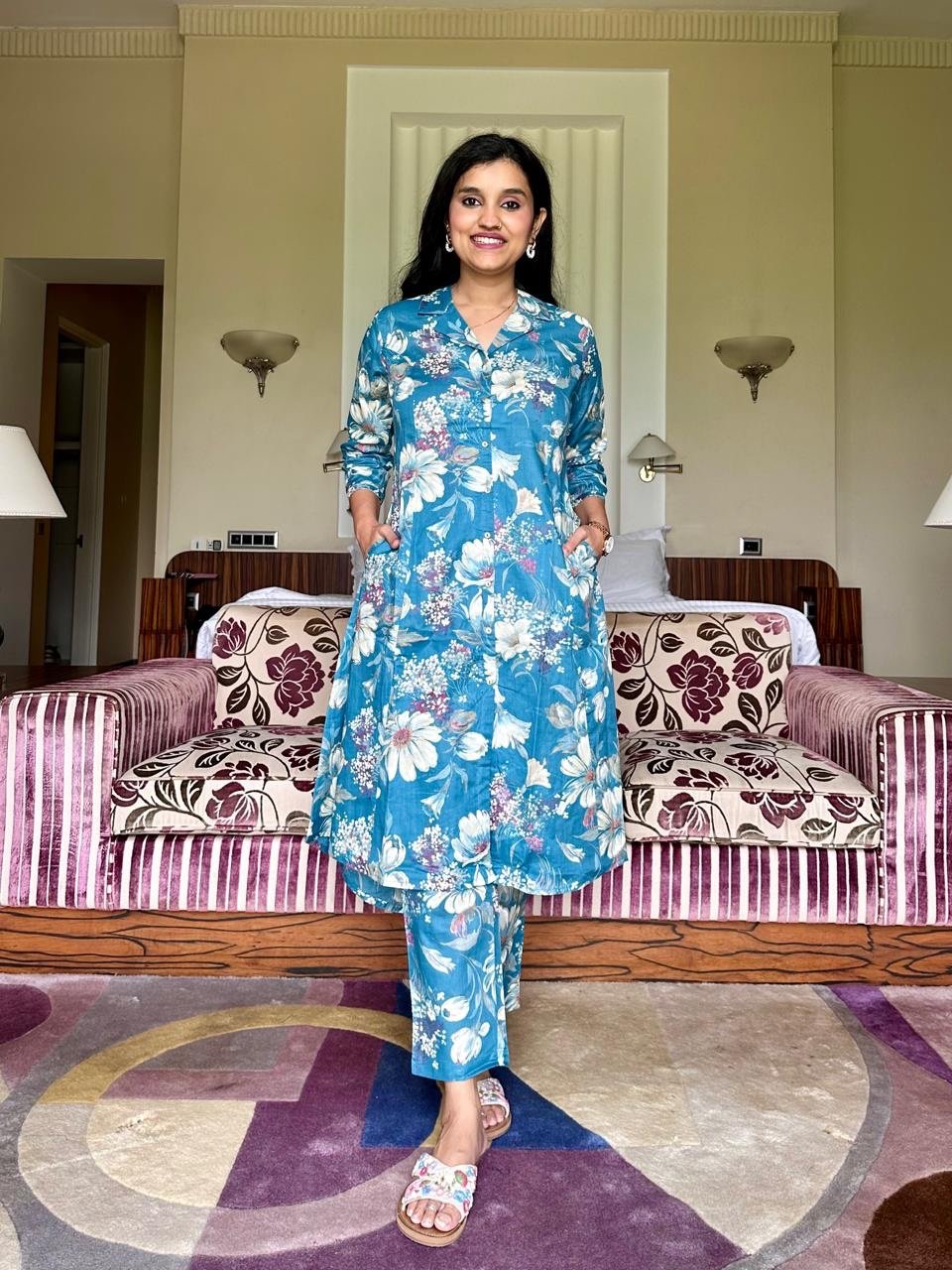 High Low Cotton Coord Set- Sky Blue Florals