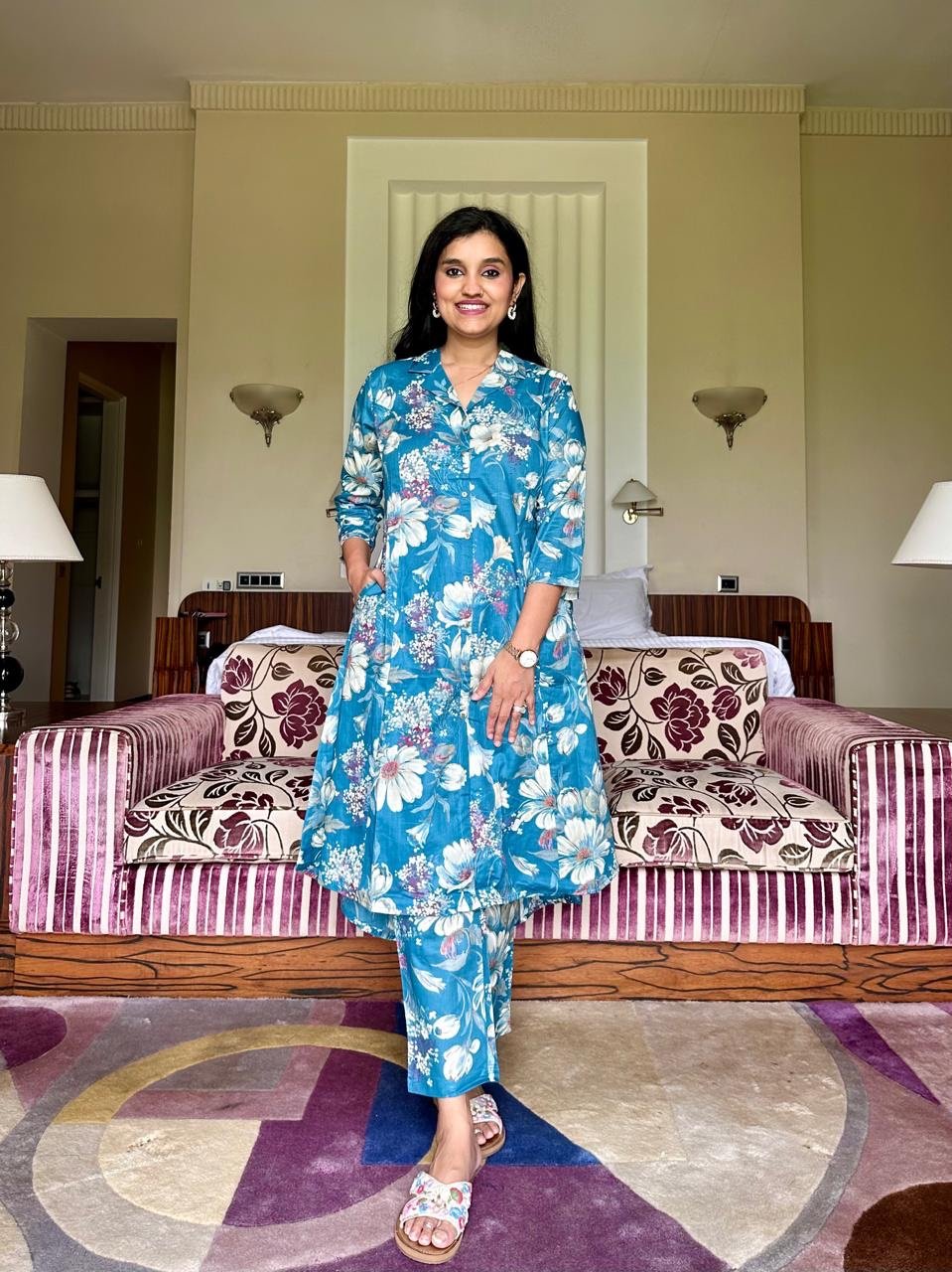 High Low Cotton Coord Set- Sky Blue Florals