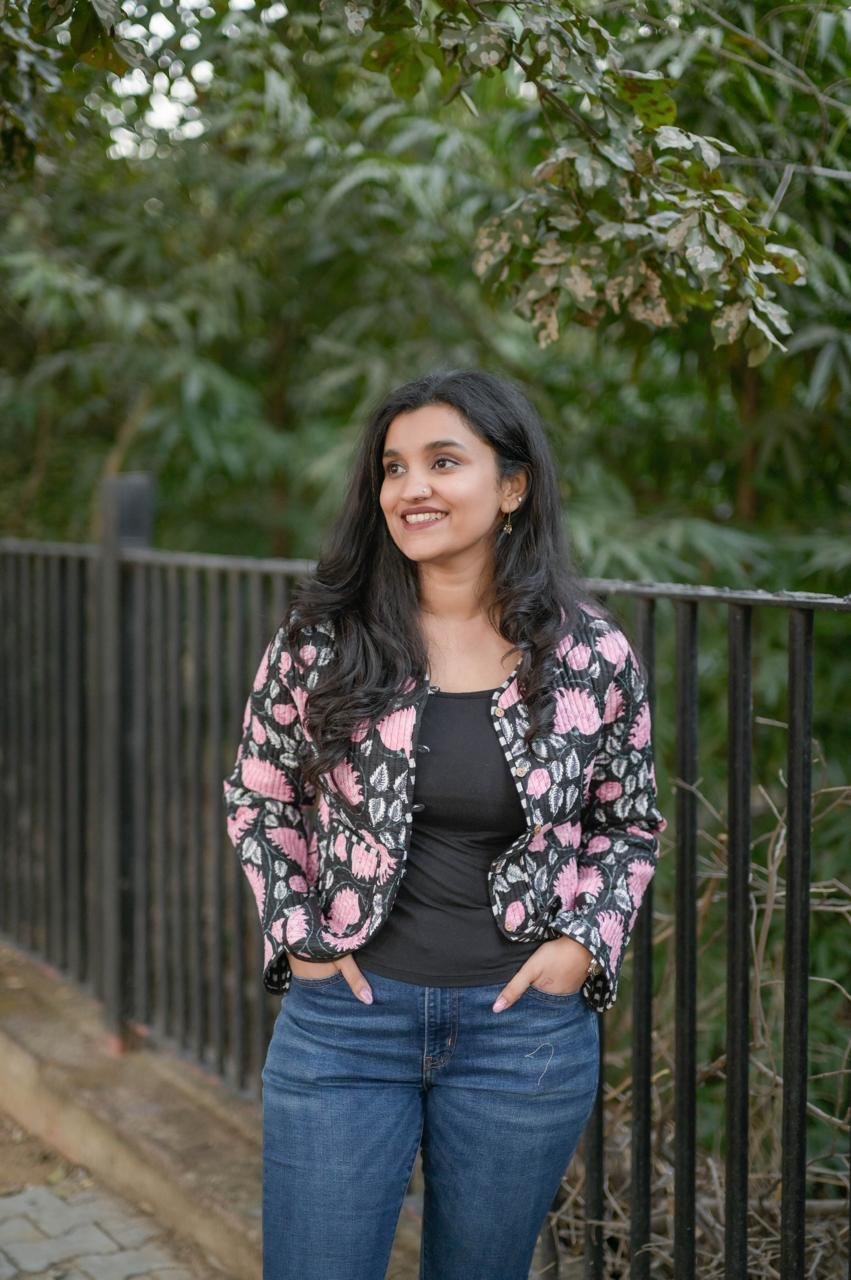Reversible Quilted Short Jacket- Black Pink Florals