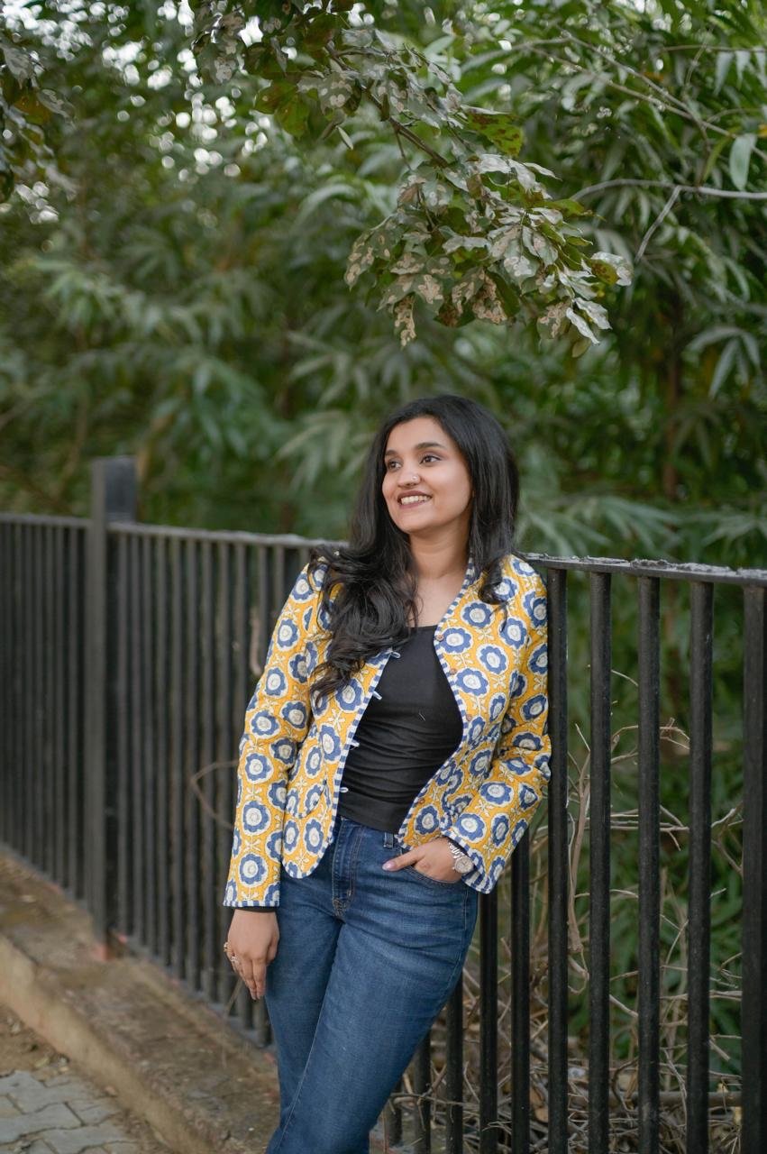 Reversible Quilted Short Jacket- Fun Yellow Flowers