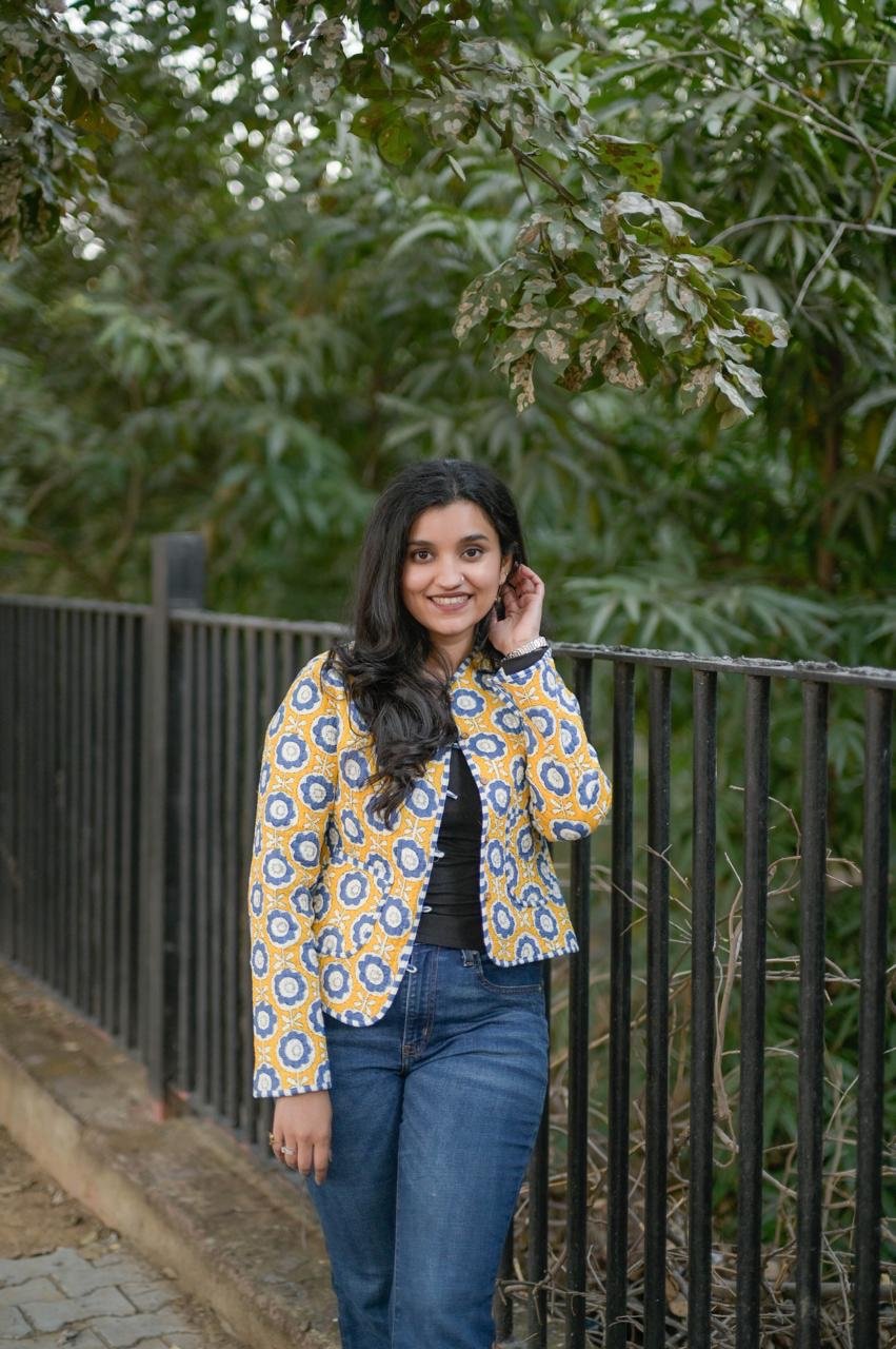 Reversible Quilted Short Jacket- Fun Yellow Flowers