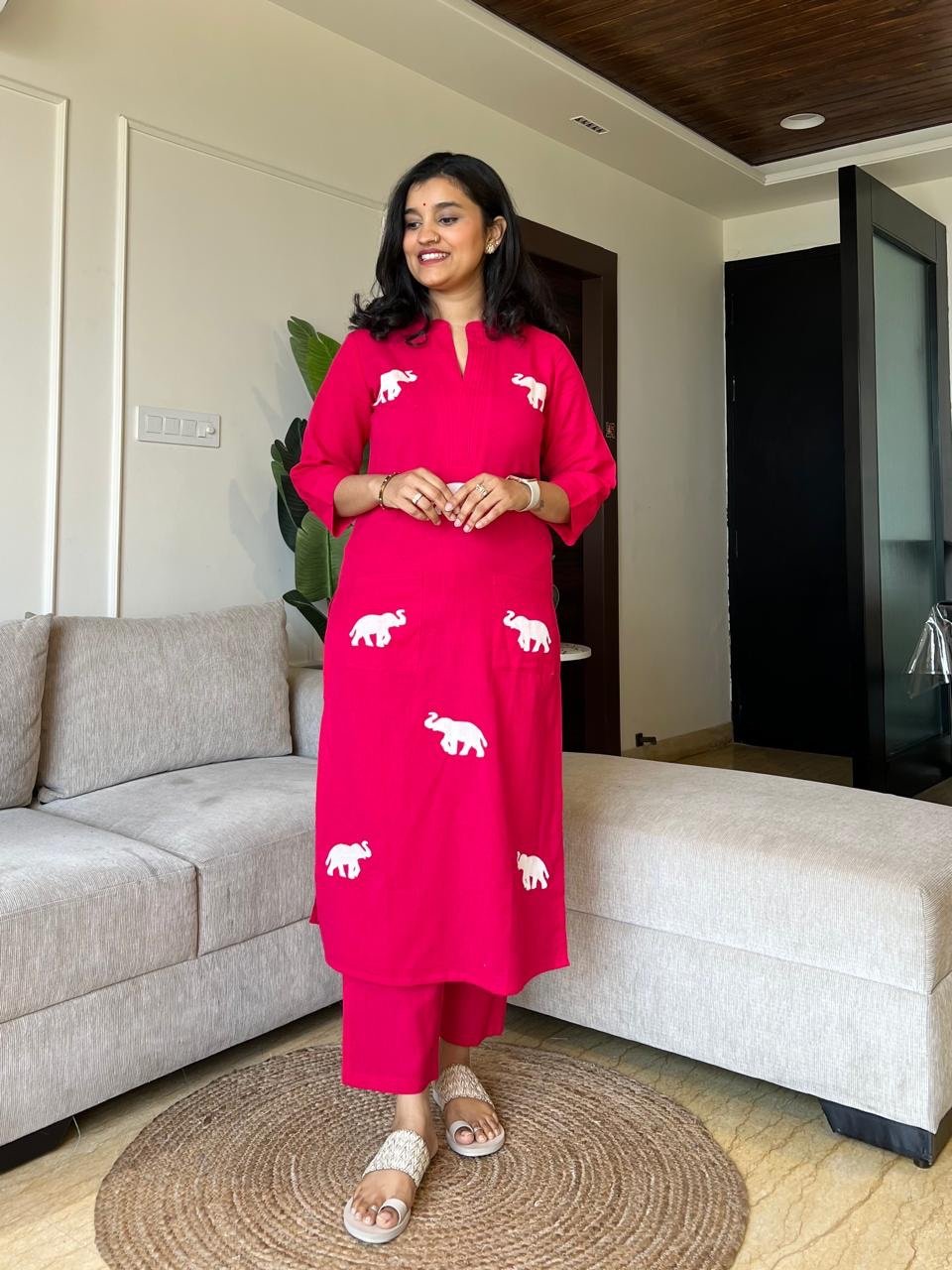 Tia Embroidered Cotton Pant Set- Hot Pink