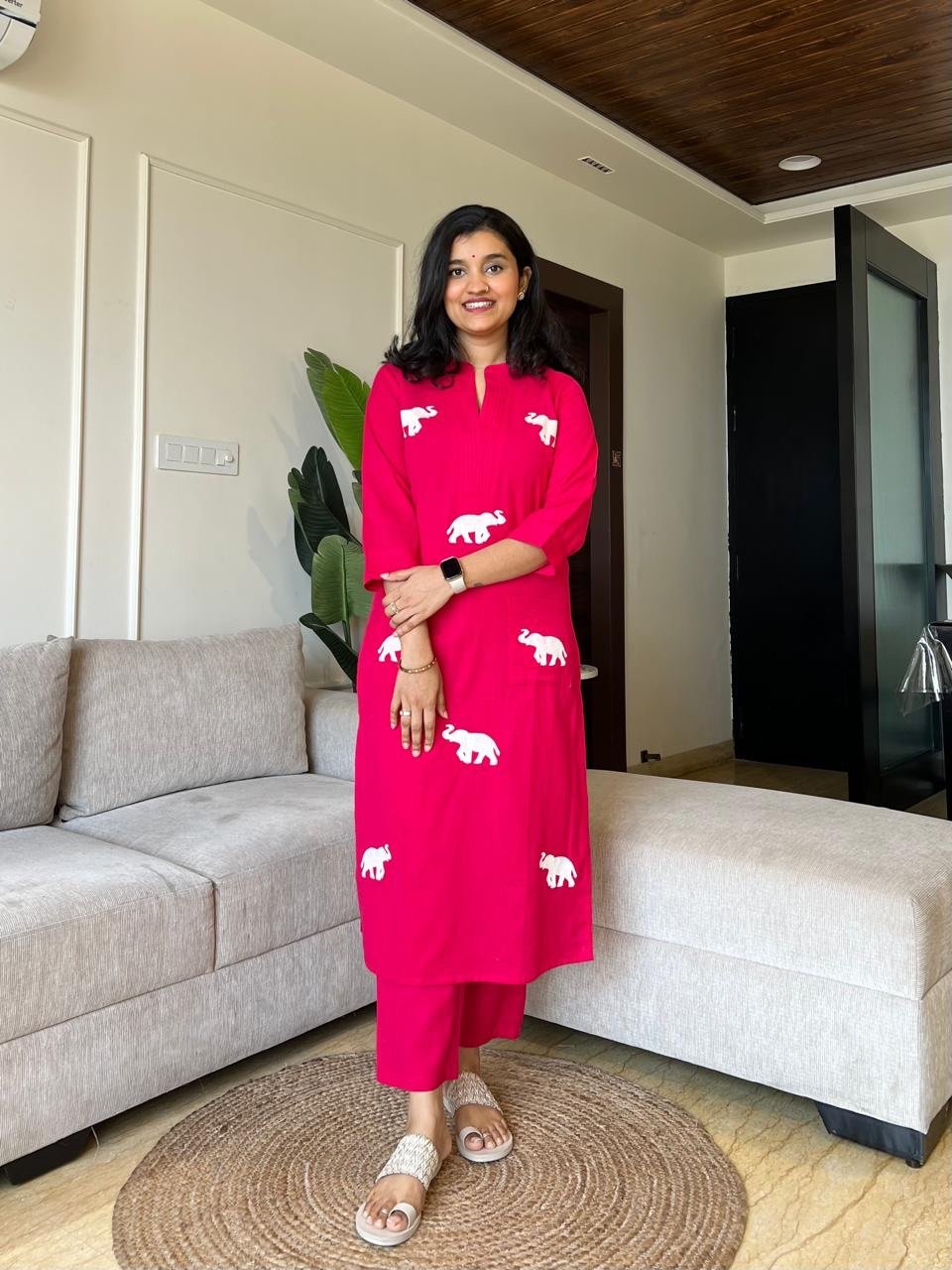 Tia Embroidered Cotton Pant Set- Hot Pink