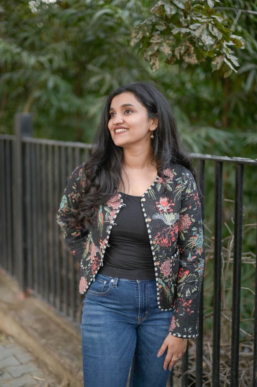 Reversible Quilted Short Jacket- Black Colorful Florals