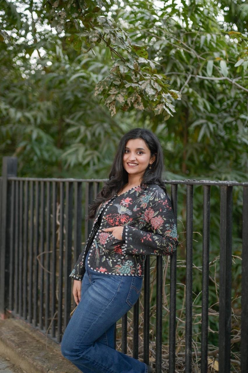 Reversible Quilted Short Jacket- Black Colorful Florals