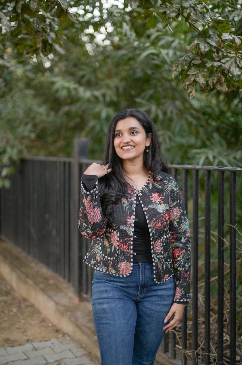 Reversible Quilted Short Jacket- Black Colorful Florals