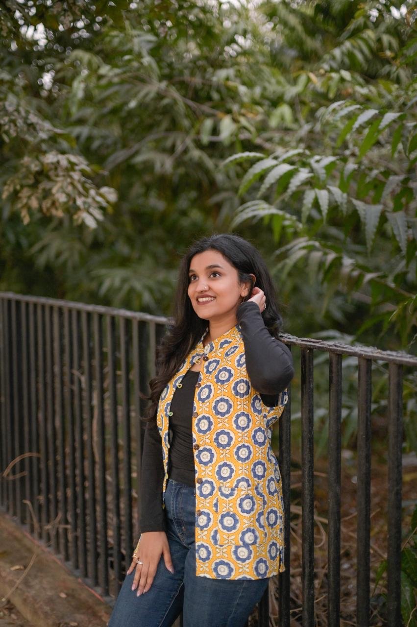 Reversible Quilted Sleeveless Jackets- Yellow flowers