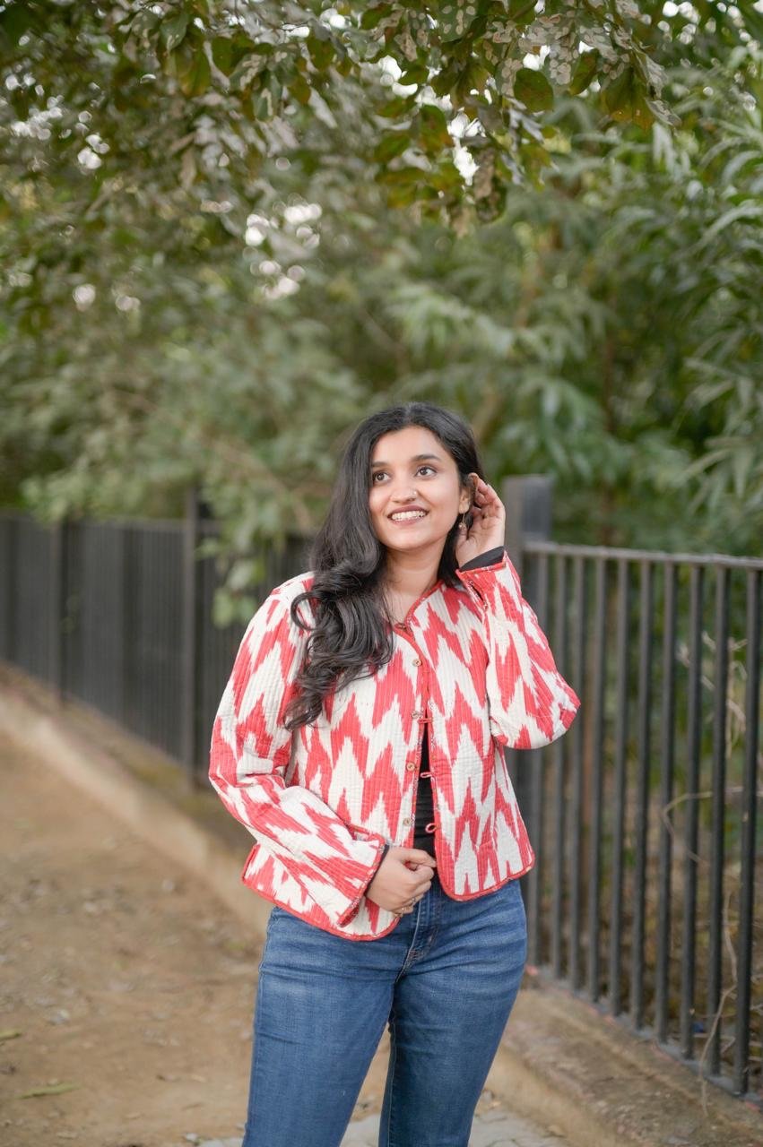 Reversible Quilted Short Jacket- Red Love Booti