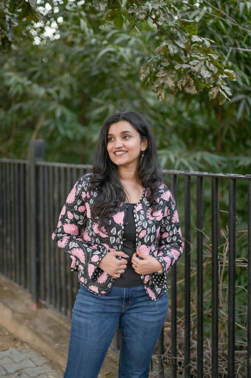 Reversible Quilted Short Jacket- Black Pink Florals