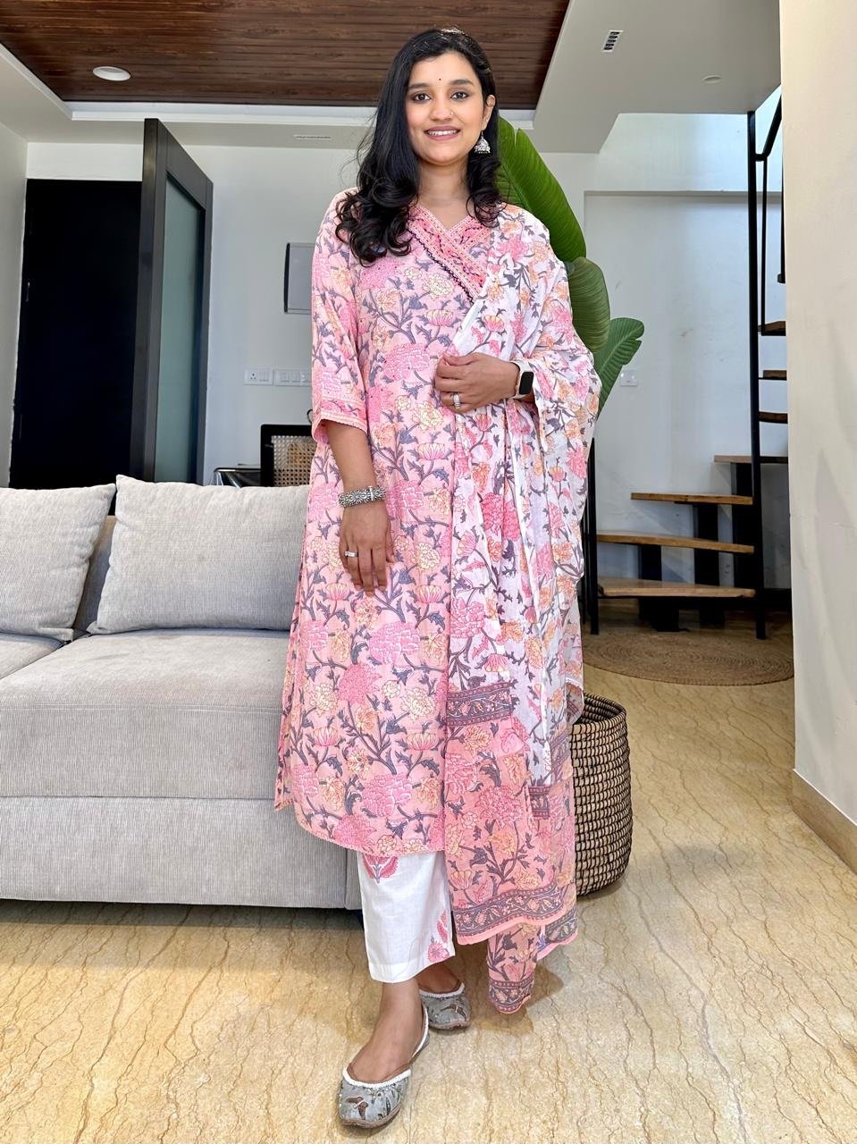 Pink White Floral Angrakha Set