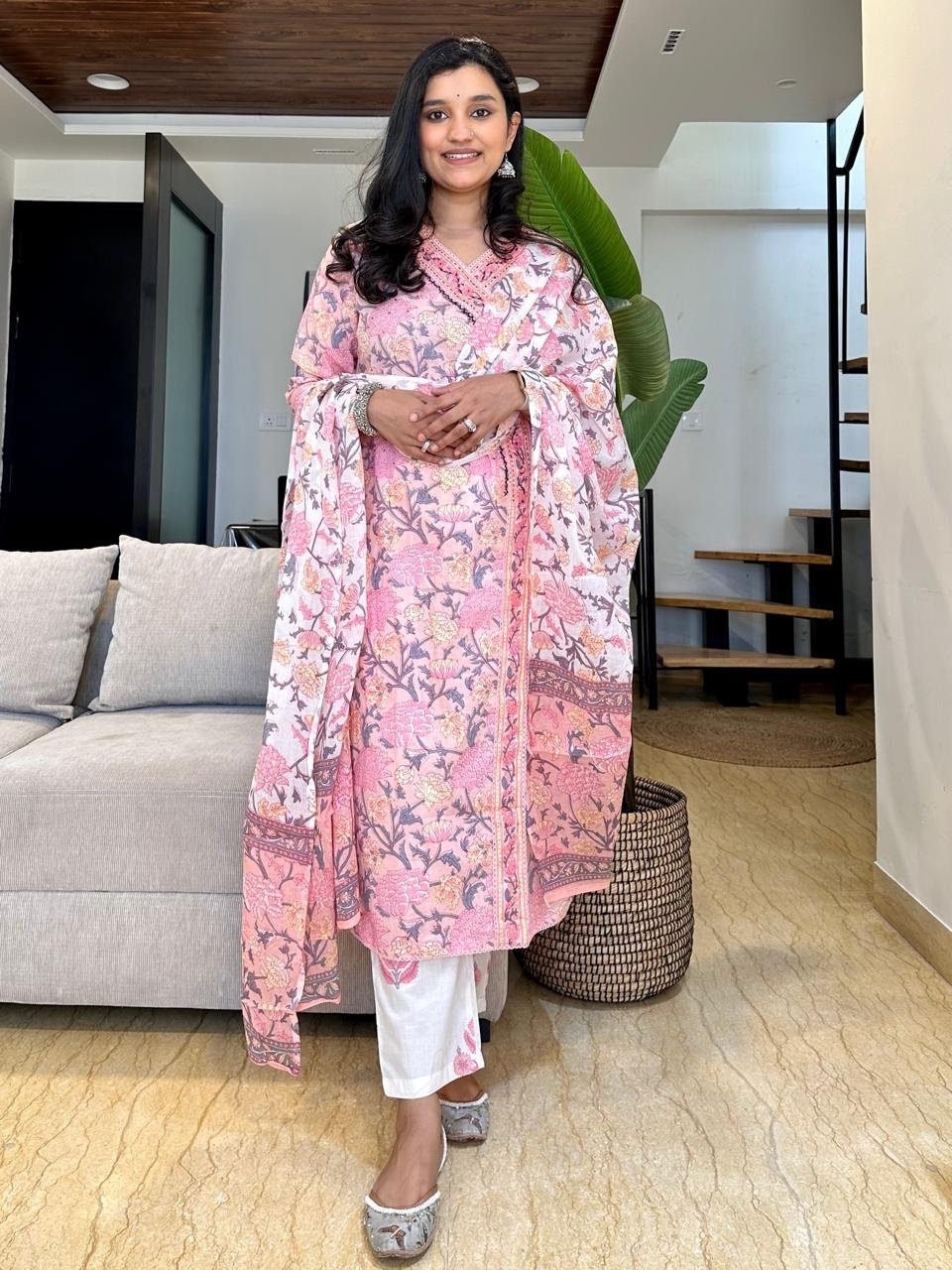 Pink White Floral Angrakha Set