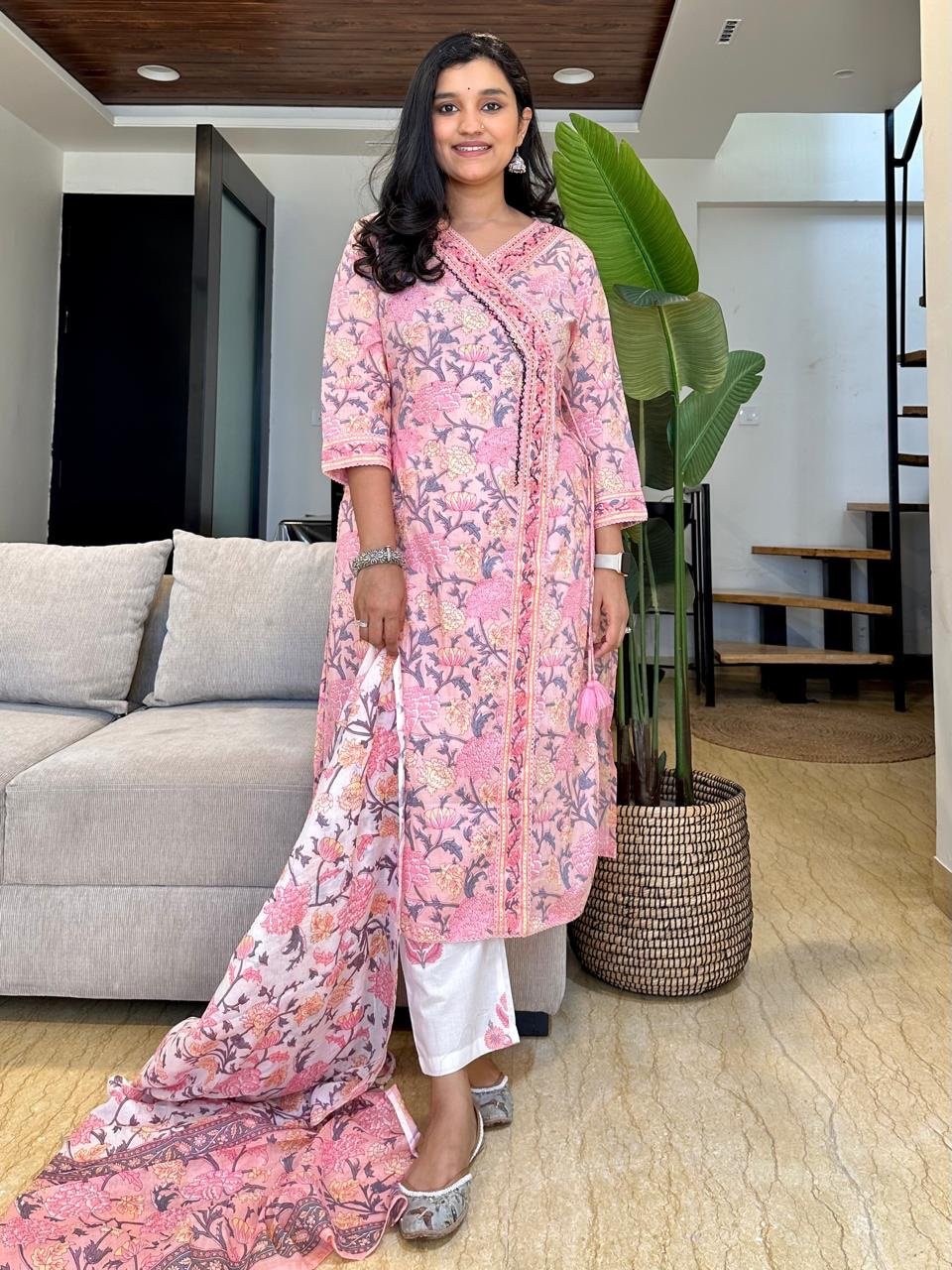 Pink White Floral Angrakha Set