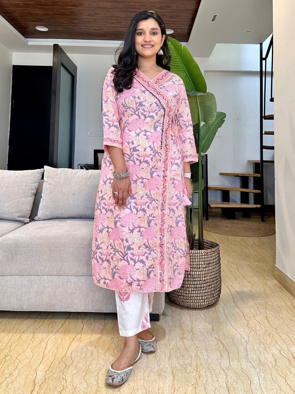Pink White Floral Angrakha Set