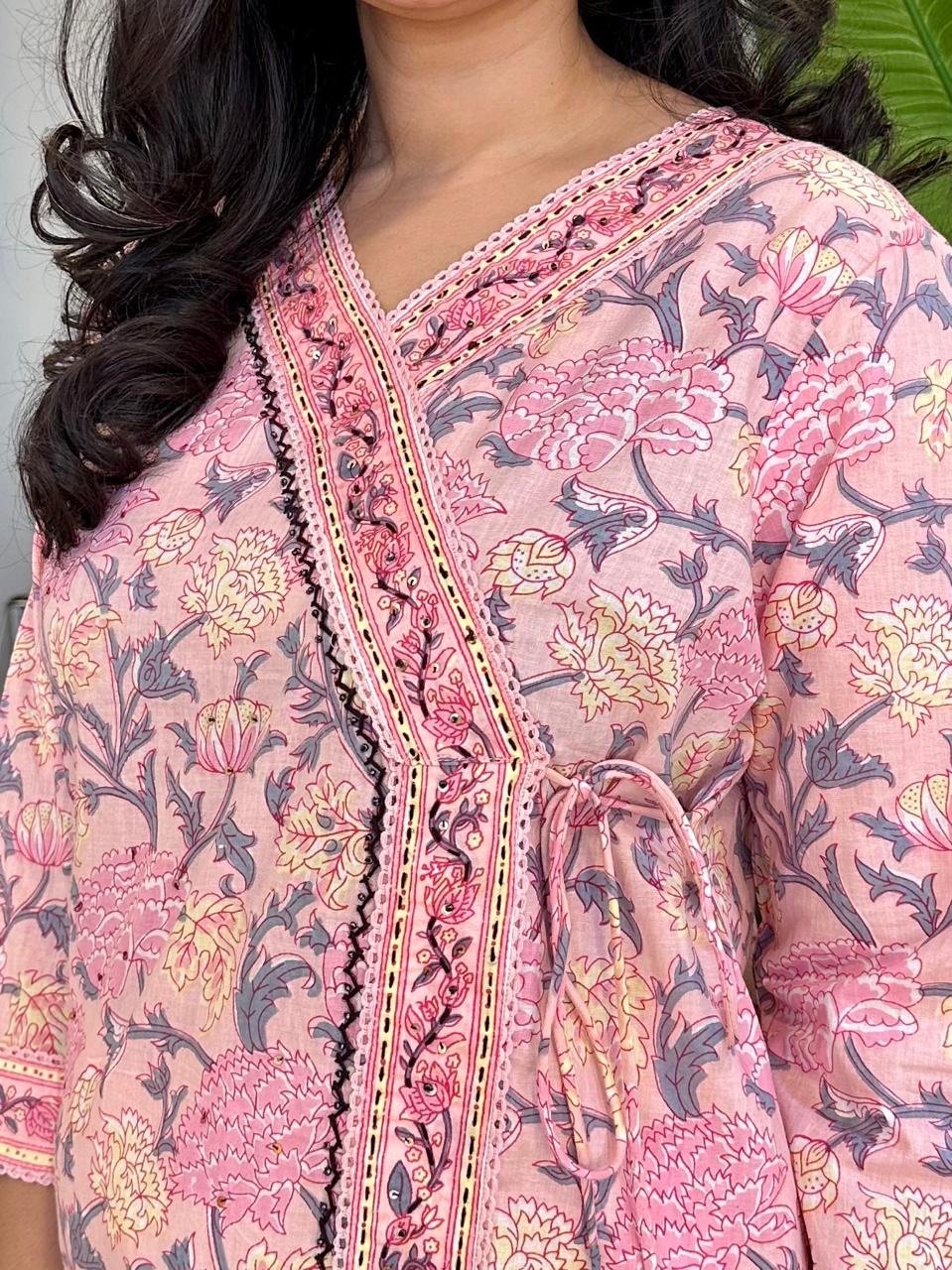 Pink White Floral Angrakha Set