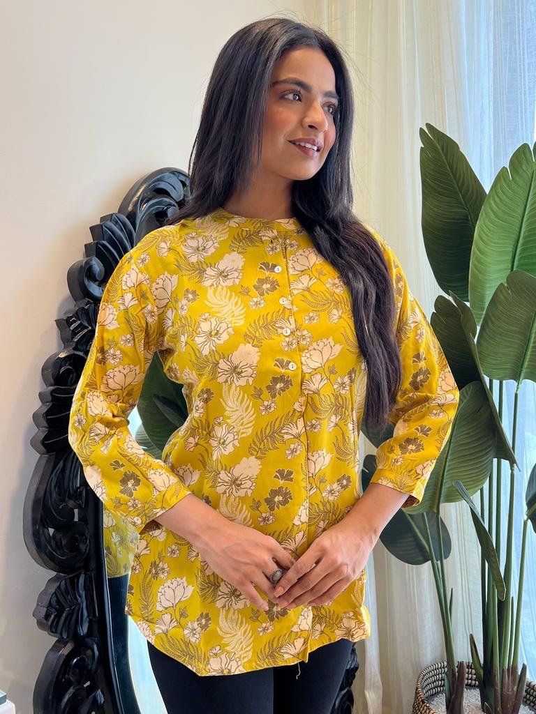 Weekend Rayon Short Kurta- Mustard Floral