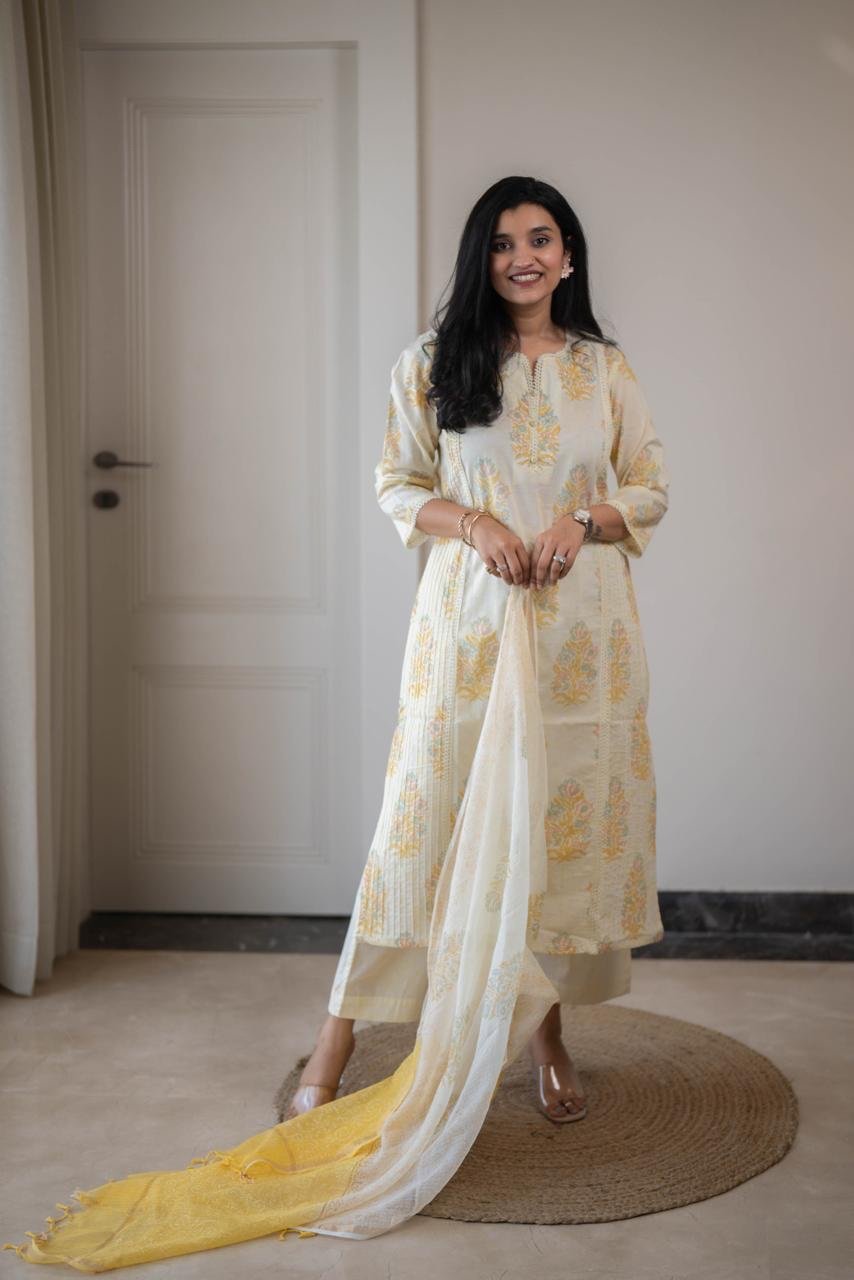 Anaisha Kota Doria Dupatta Set- Yellow