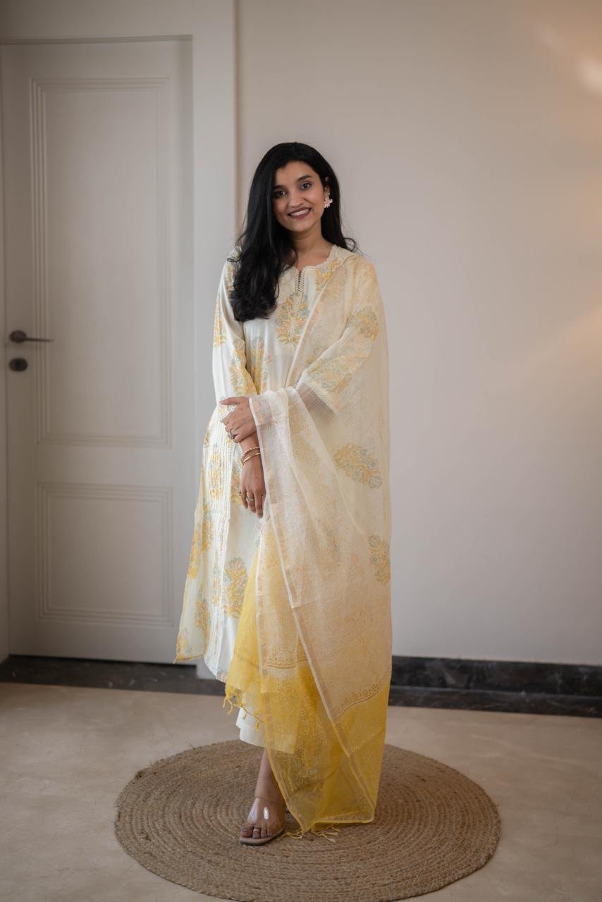 Anaisha Kota Doria Dupatta Set- Yellow