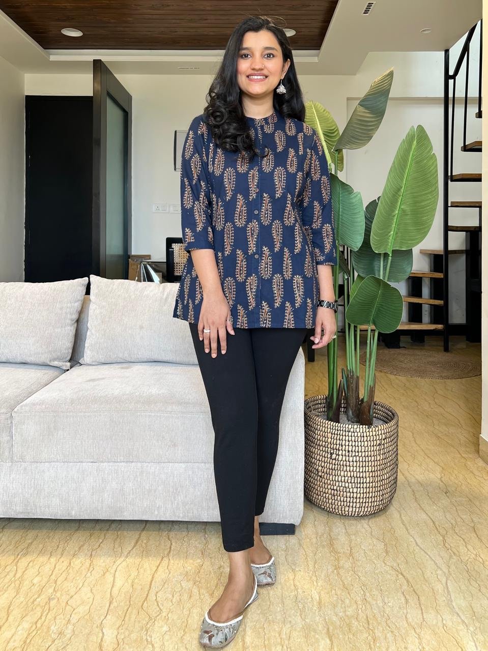 Cotton Short Top- Navy Paisley