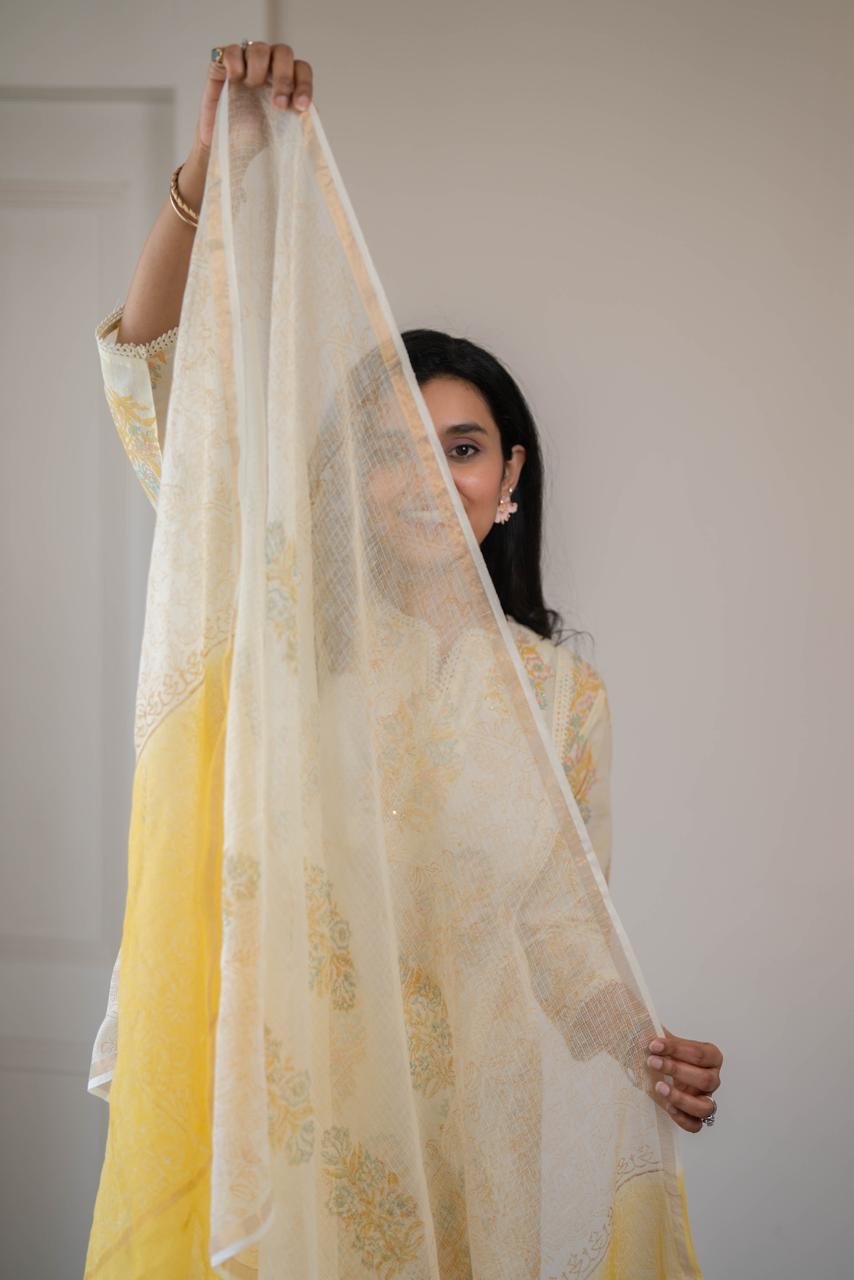 Anaisha Kota Doria Dupatta Set- Yellow