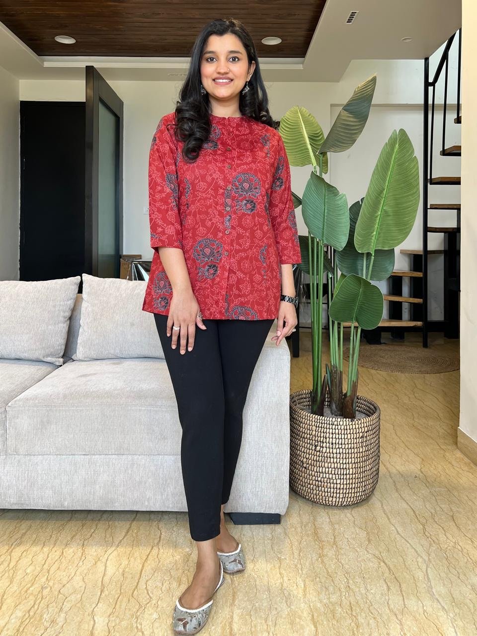 Cotton Short Top- Red Navy Floral