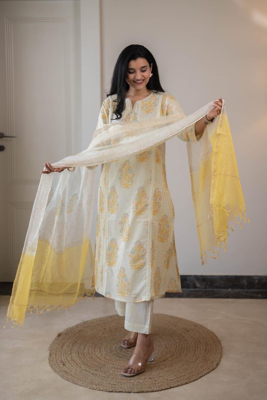 Anaisha Kota Doria Dupatta Set- Yellow