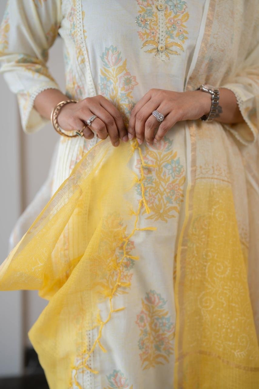 Anaisha Kota Doria Dupatta Set- Yellow