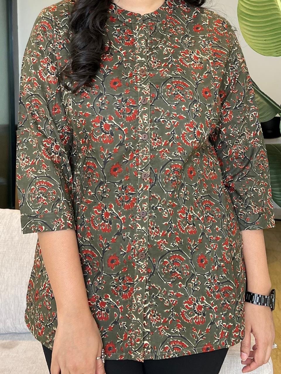 Cotton Short Top- Olive Green Jaal