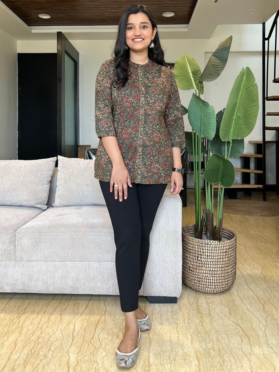 Cotton Short Top- Olive Green Jaal