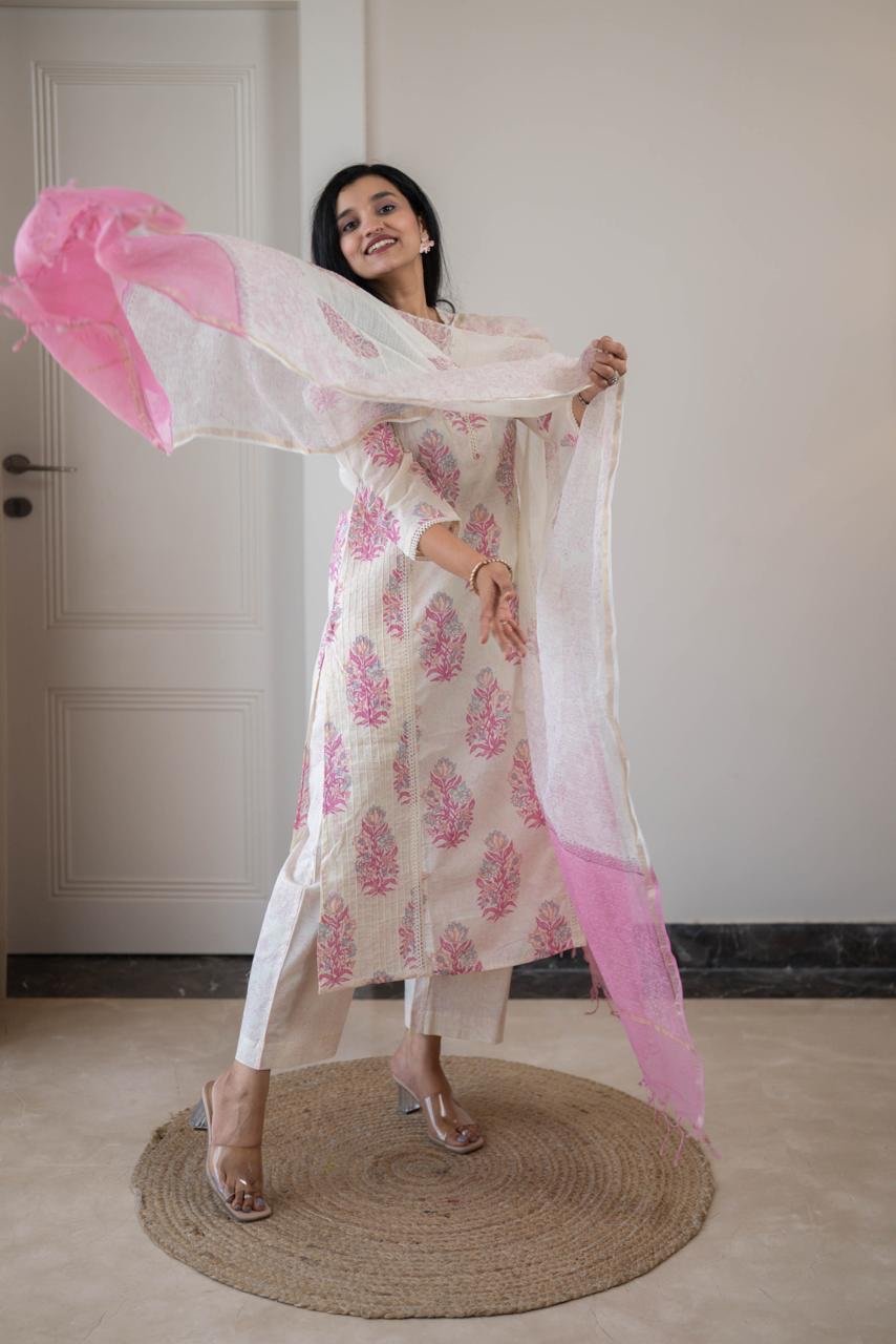 Anaisha Kota Doria Dupatta Sets- Pink