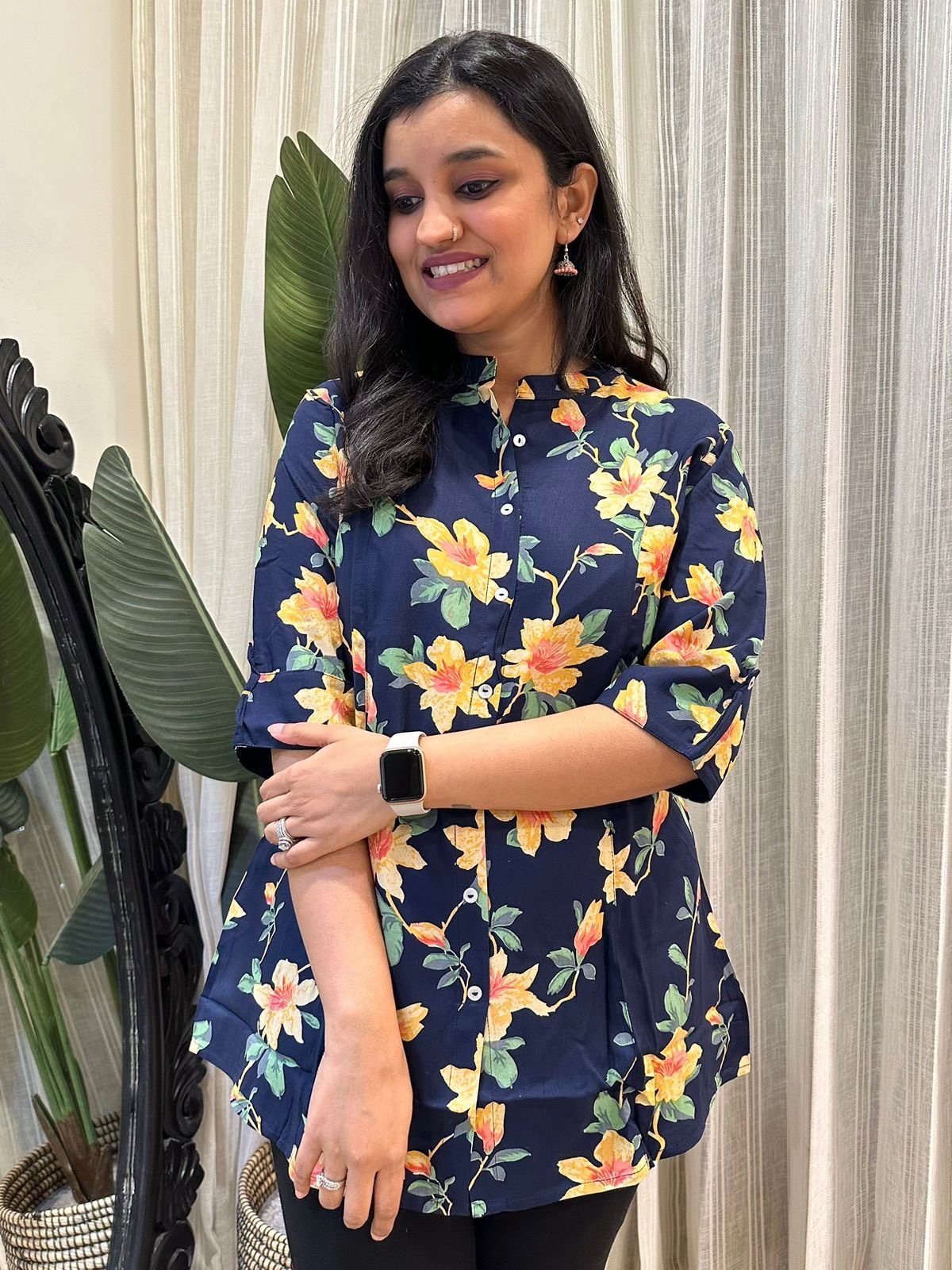 Weekend Rayon Short Kurta- Navy Bright Florals