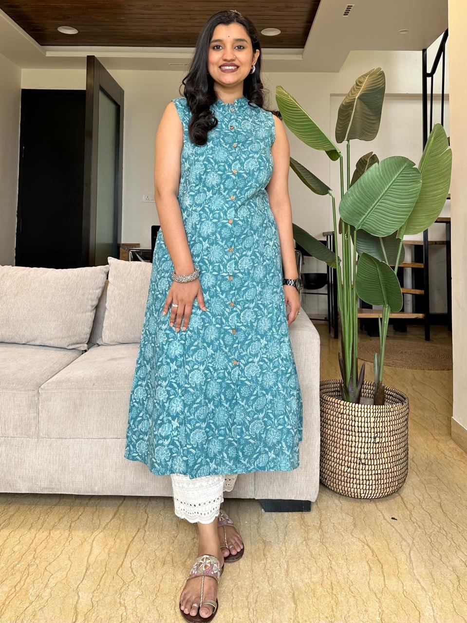 Cotton A-line Sleeveless Kurta- Light Blue Floral