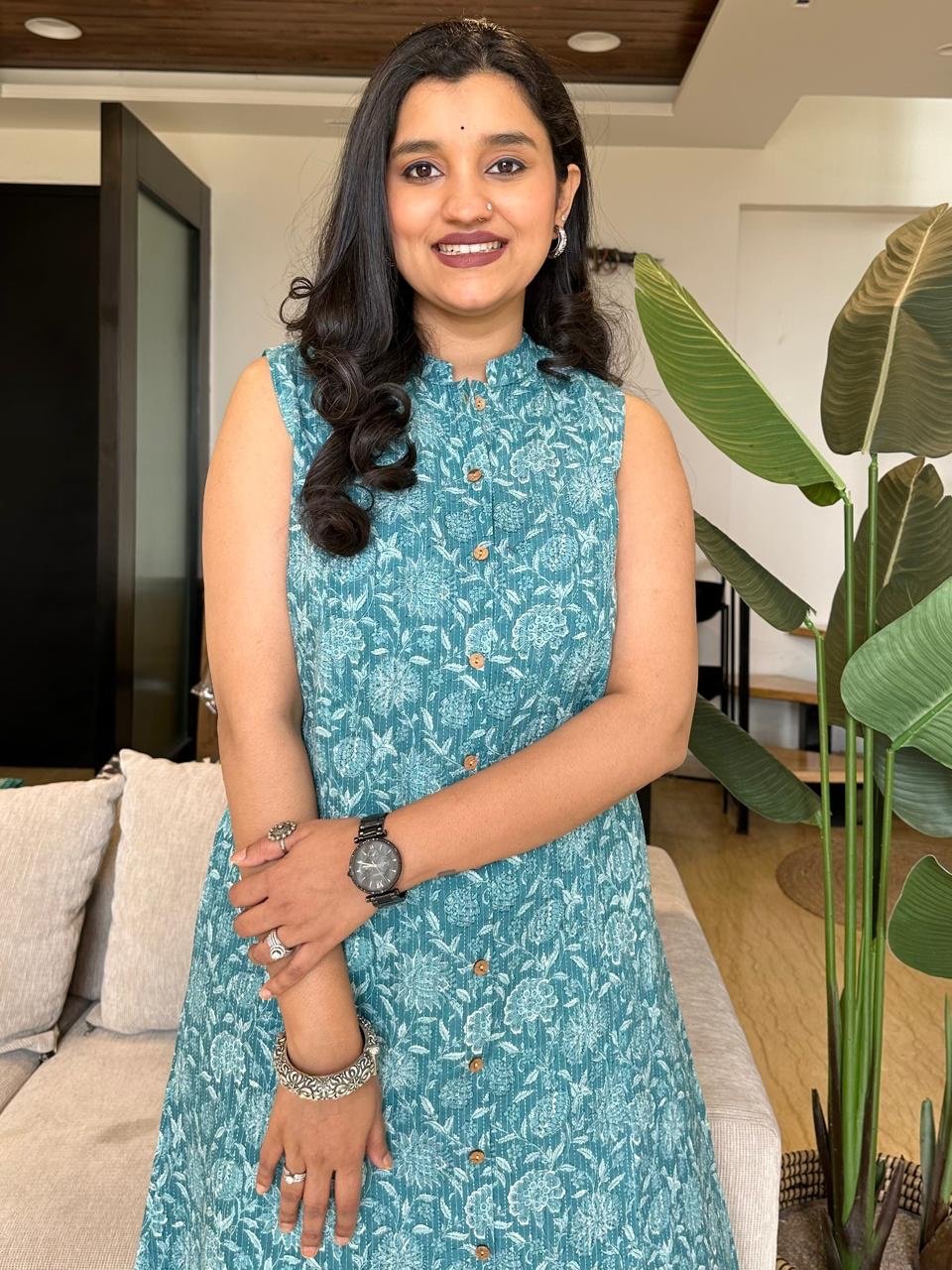 Cotton A-line Sleeveless Kurta- Light Blue Floral