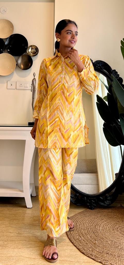 Muslin Silk Coord Set- Yellow Leheriya