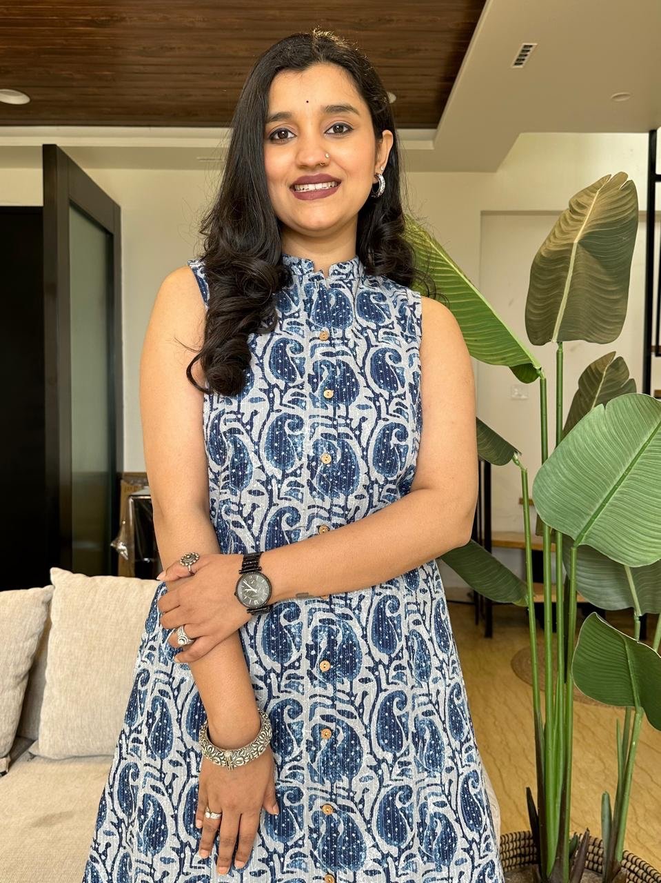 Cotton A-line Sleeveless Kurta- Indigo Paisley