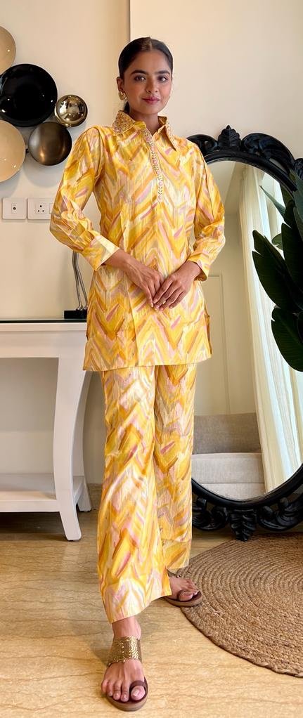 Muslin Silk Coord Set- Yellow Leheriya
