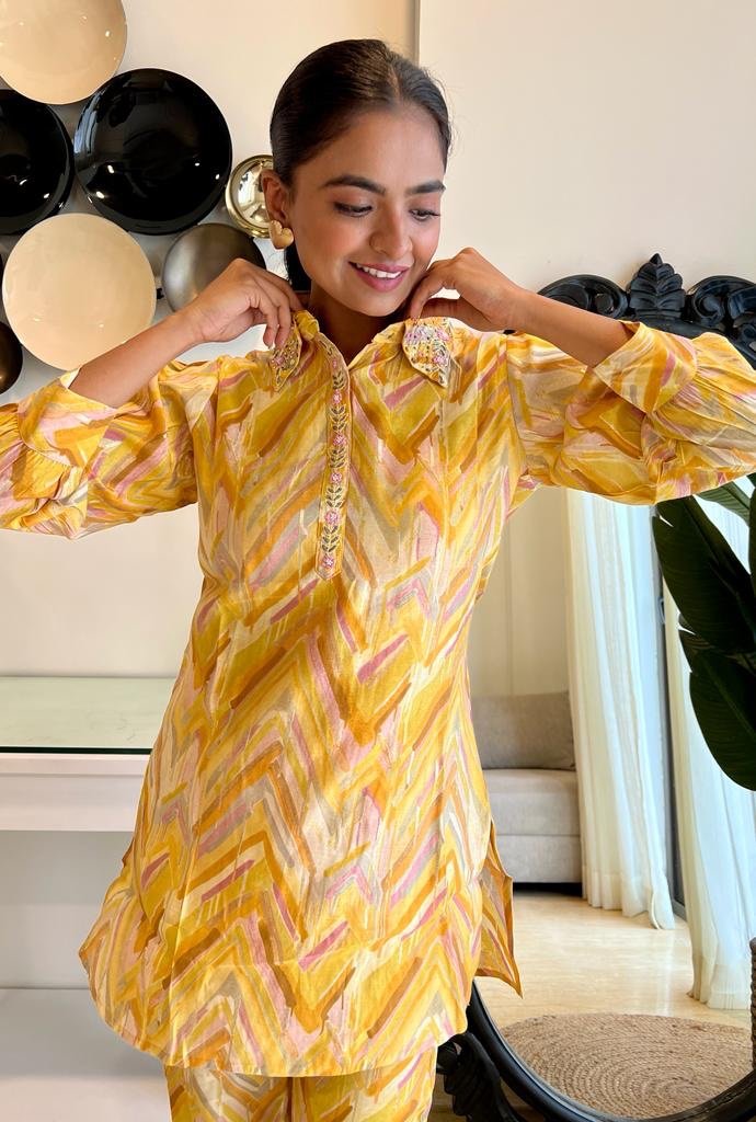 Muslin Silk Coord Set- Yellow Leheriya