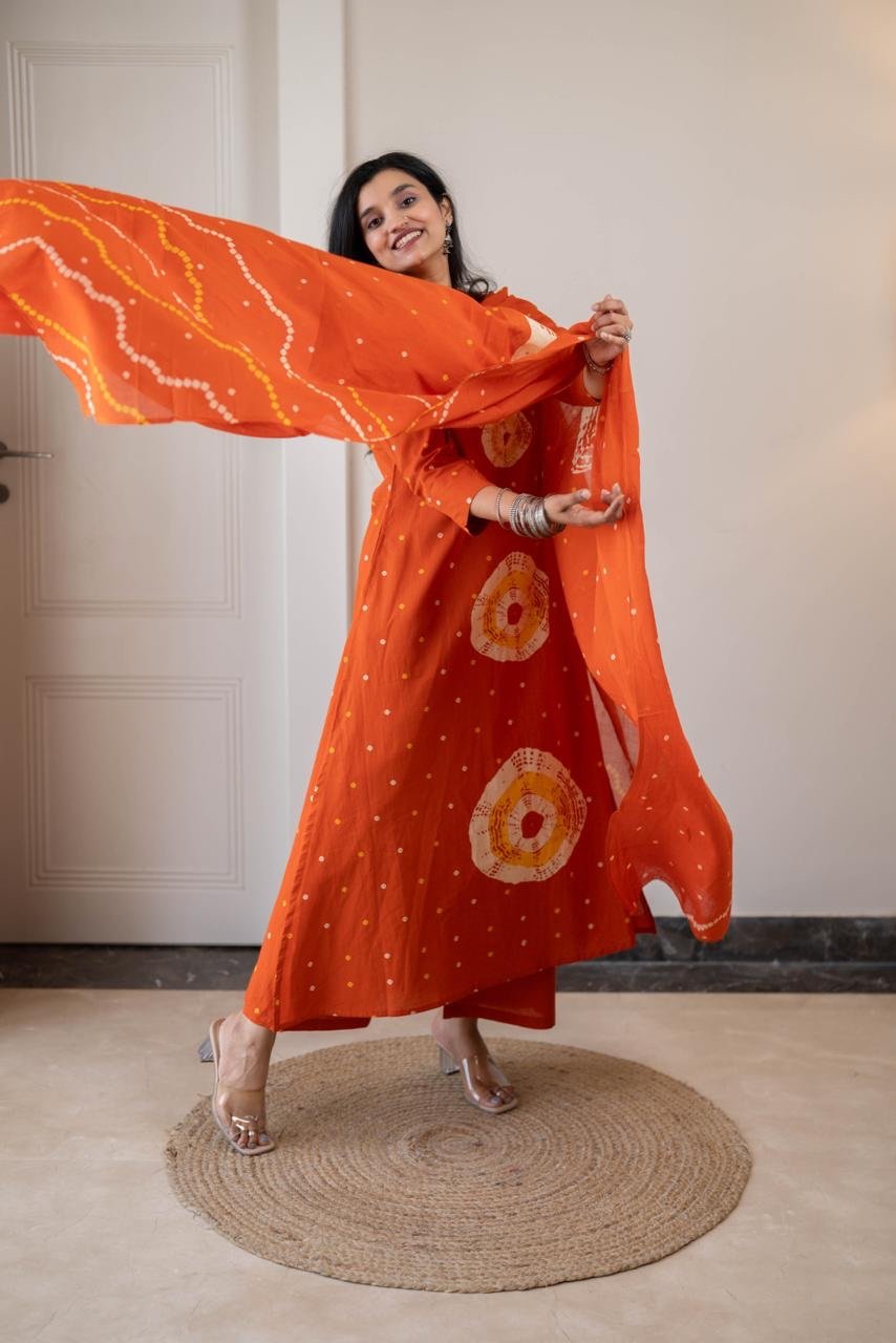 Tina Bandhej Timeless Cotton Suit- Orange