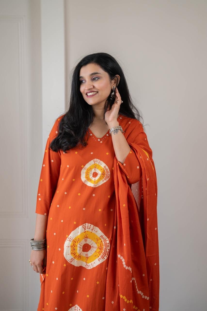 Tina Bandhej Timeless Cotton Suit- Orange