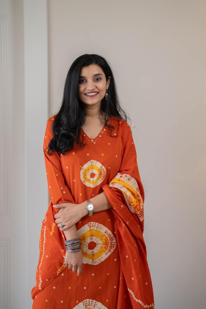 Tina Bandhej Timeless Cotton Suit- Orange