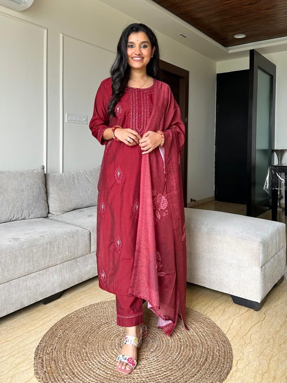 Nihaal Embroidered Muslin Silk Set- Maroon