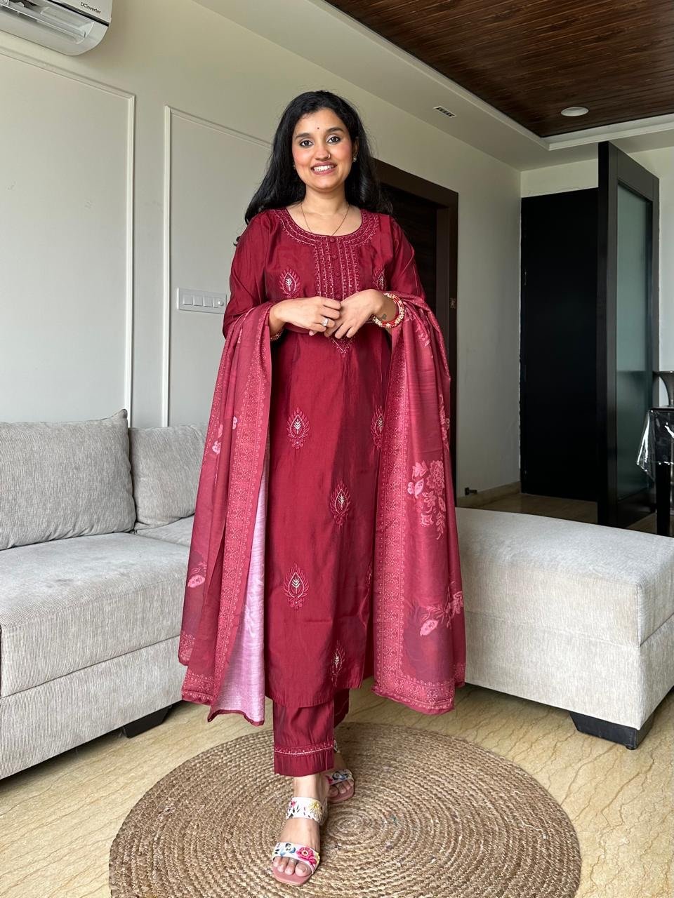 Nihaal Embroidered Muslin Silk Set- Maroon